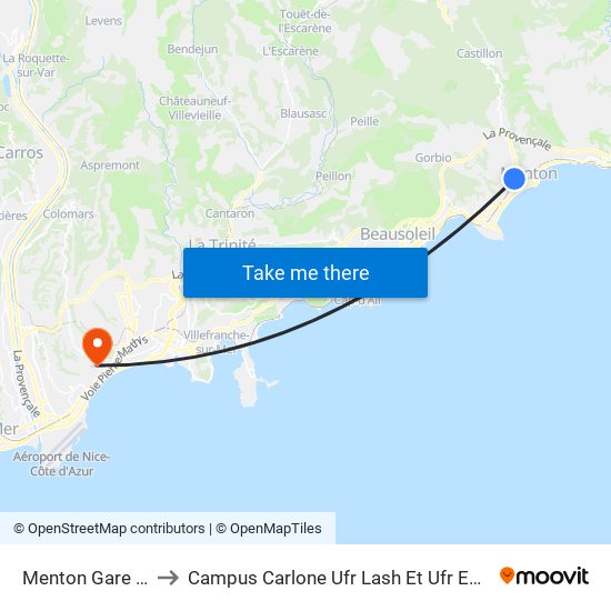 Menton Gare Routière to Campus Carlone Ufr Lash Et Ufr Espaces Et Cultures map