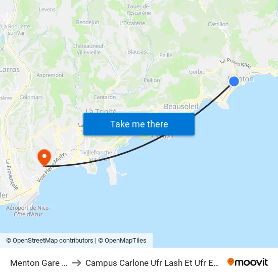 Menton Gare Routière to Campus Carlone Ufr Lash Et Ufr Espaces Et Cultures map