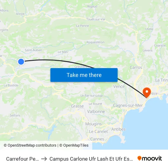 Carrefour Peyroules to Campus Carlone Ufr Lash Et Ufr Espaces Et Cultures map