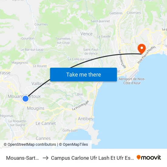 Mouans-Sartoux Sncf to Campus Carlone Ufr Lash Et Ufr Espaces Et Cultures map