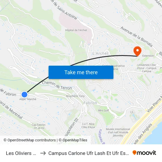 Les Oliviers /  Fabron to Campus Carlone Ufr Lash Et Ufr Espaces Et Cultures map