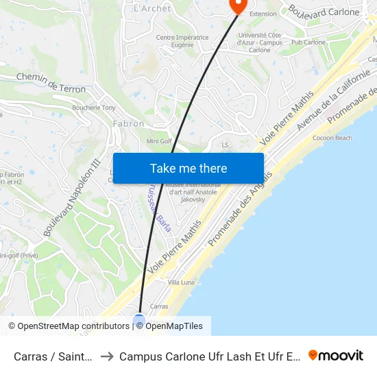 Carras / Saint-Augustin to Campus Carlone Ufr Lash Et Ufr Espaces Et Cultures map
