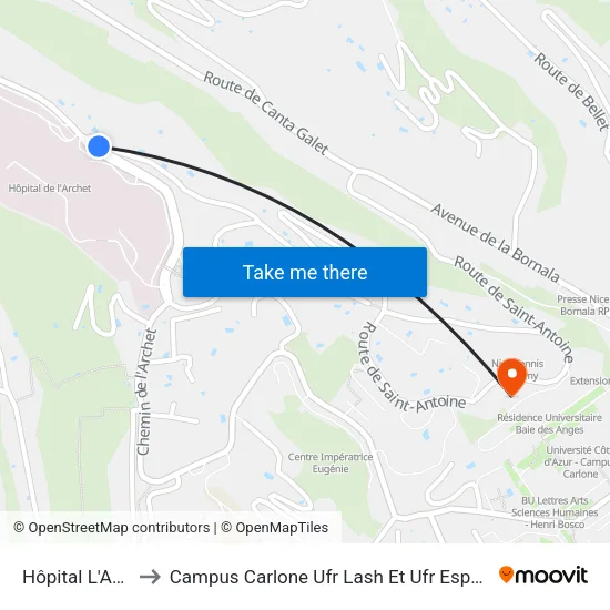 Hôpital L'Archet 1 to Campus Carlone Ufr Lash Et Ufr Espaces Et Cultures map