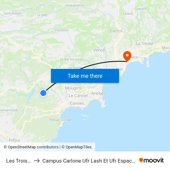 Les Trois Pins to Campus Carlone Ufr Lash Et Ufr Espaces Et Cultures map