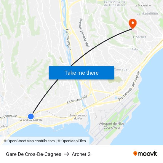 Gare De Cros-De-Cagnes to Archet 2 map