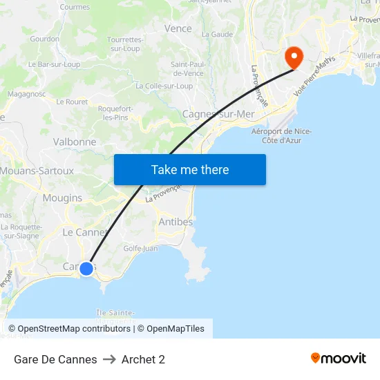 Gare De Cannes to Archet 2 map
