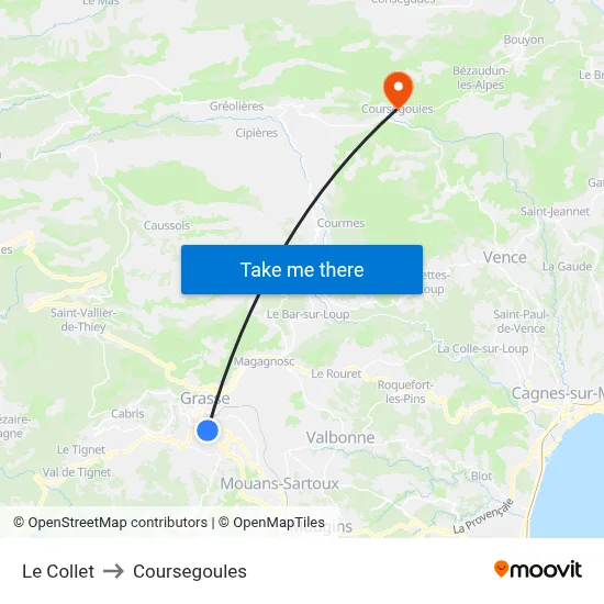 Le Collet to Coursegoules map