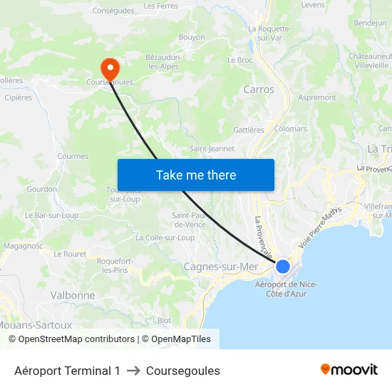 Aéroport Terminal 1 to Coursegoules map