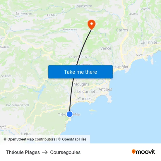 Théoule Plages to Coursegoules map