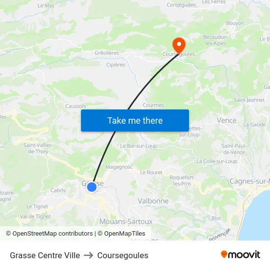 Grasse Centre Ville to Coursegoules map