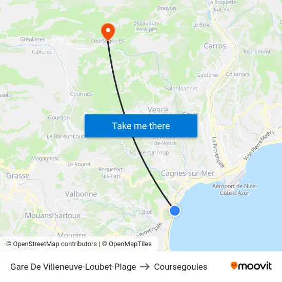 Gare De Villeneuve-Loubet-Plage to Coursegoules map