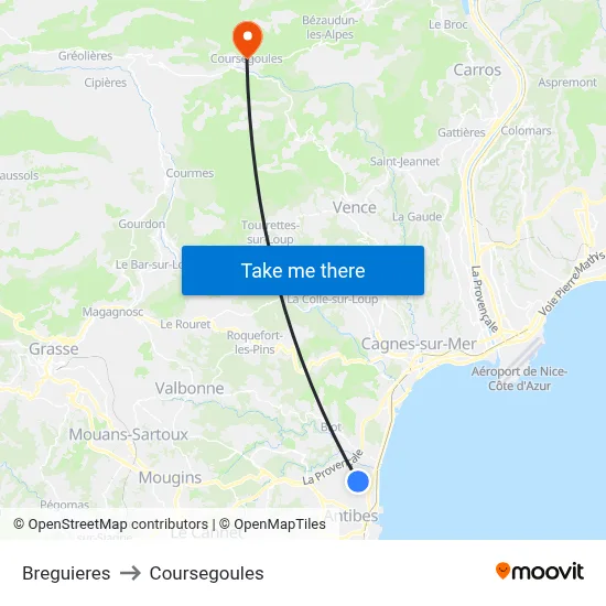 Breguieres to Coursegoules map