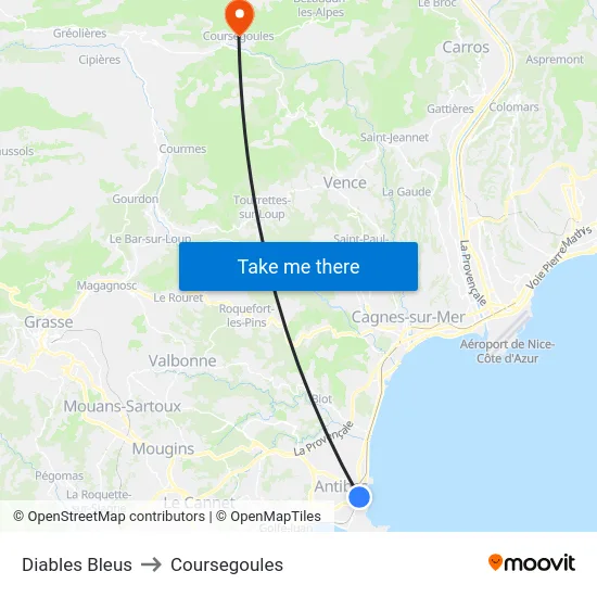 Diables Bleus to Coursegoules map