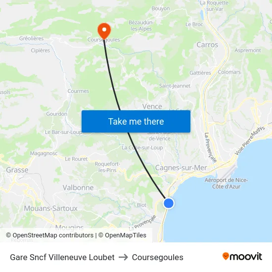 Gare Sncf Villeneuve Loubet to Coursegoules map