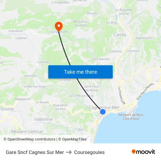 Gare Sncf Cagnes Sur Mer to Coursegoules map