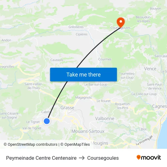 Peymeinade Centre Centenaire to Coursegoules map