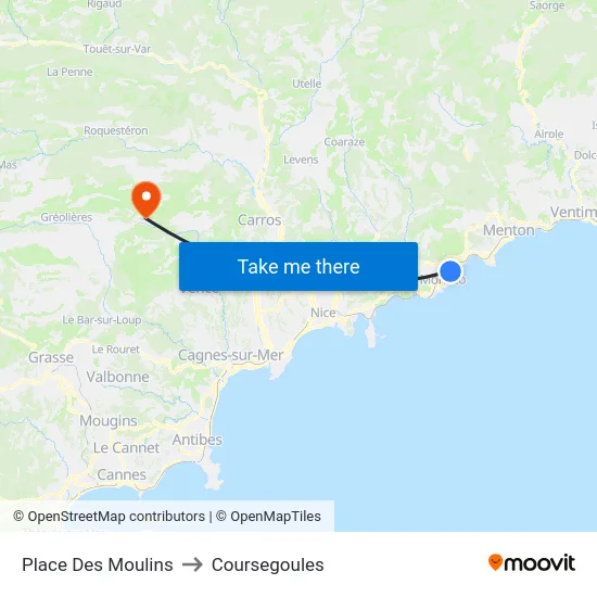 Place Des Moulins to Coursegoules map