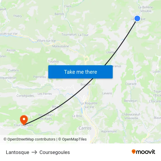 Lantosque to Coursegoules map