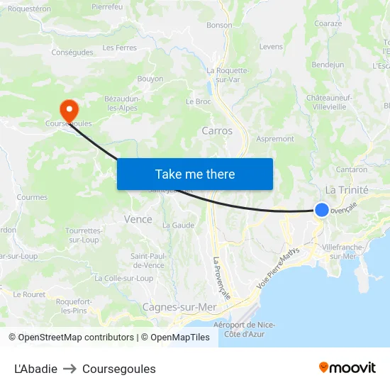 L'Abadie to Coursegoules map