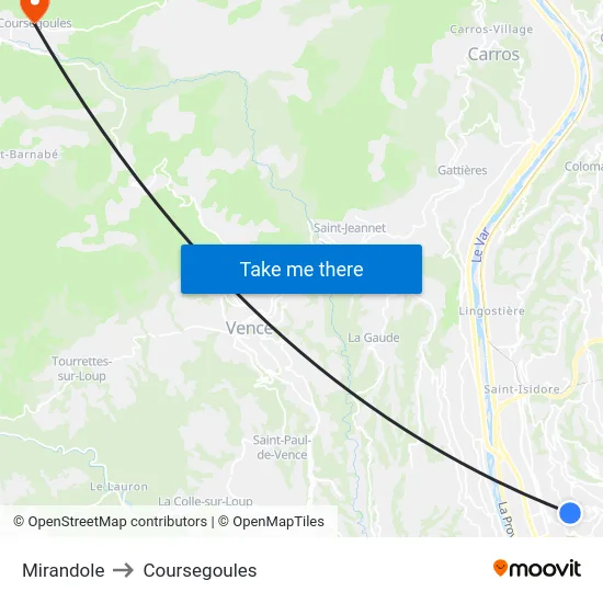 Mirandole to Coursegoules map