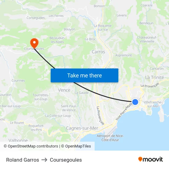 Roland Garros to Coursegoules map