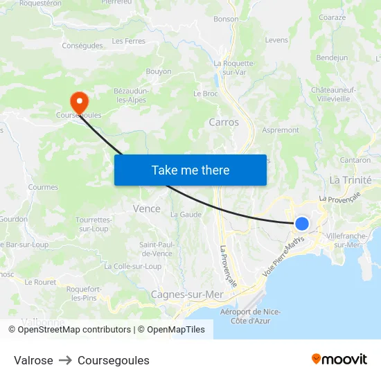 Valrose to Coursegoules map