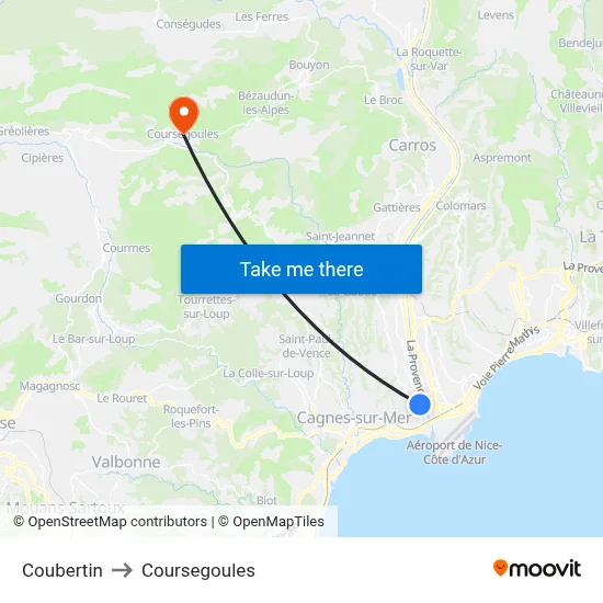 Coubertin to Coursegoules map