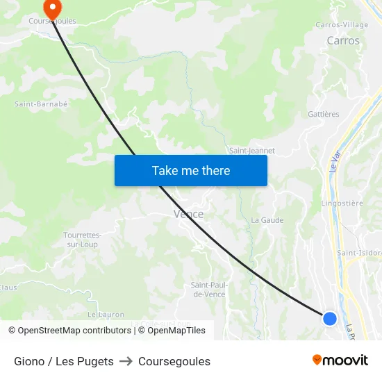 Giono / Les Pugets to Coursegoules map