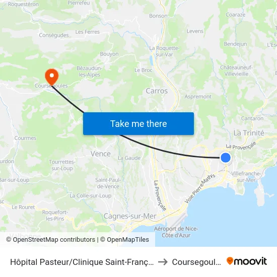 Hôpital Pasteur/Clinique Saint-François to Coursegoules map