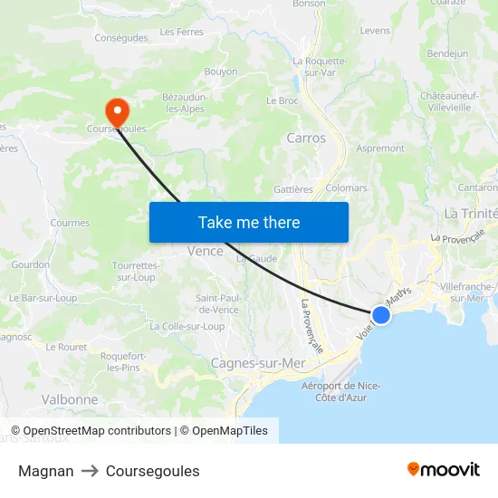 Magnan to Coursegoules map