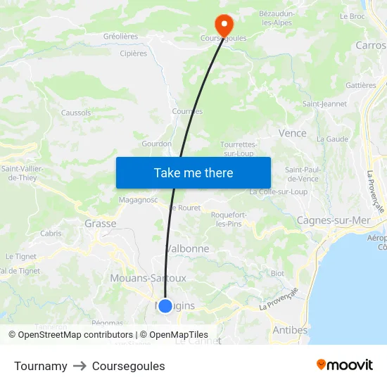 Tournamy to Coursegoules map