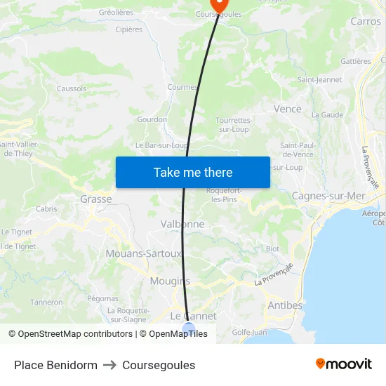 Place Benidorm to Coursegoules map