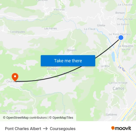 Pont Charles Albert to Coursegoules map