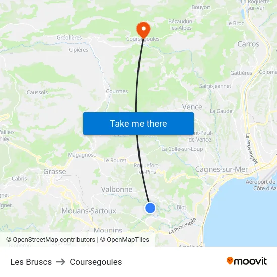 Les Bruscs to Coursegoules map