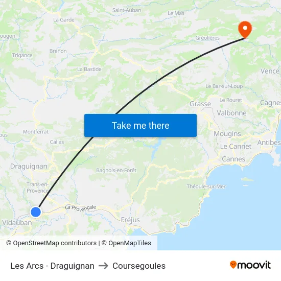 Les Arcs - Draguignan to Coursegoules map