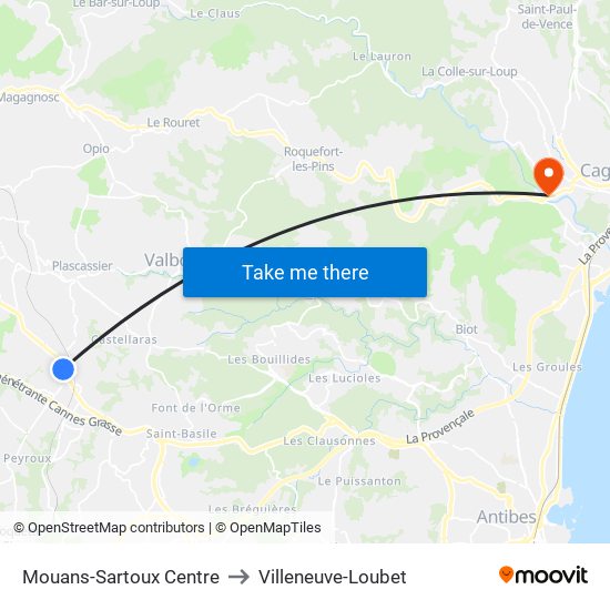 Mouans-Sartoux Centre to Villeneuve-Loubet map