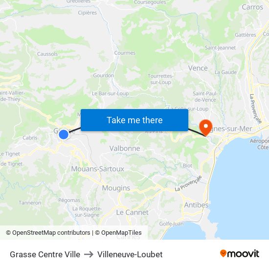 Grasse Centre Ville to Villeneuve-Loubet map