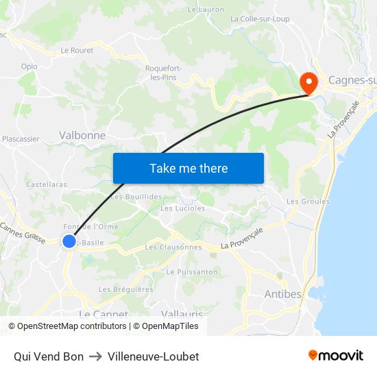 Qui Vend Bon to Villeneuve-Loubet map