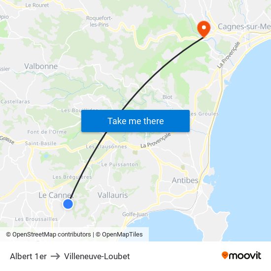 Albert 1er to Villeneuve-Loubet map