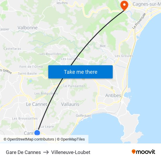 Gare De Cannes to Villeneuve-Loubet map