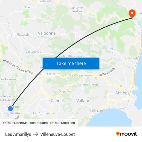 Les Amarillys to Villeneuve-Loubet map