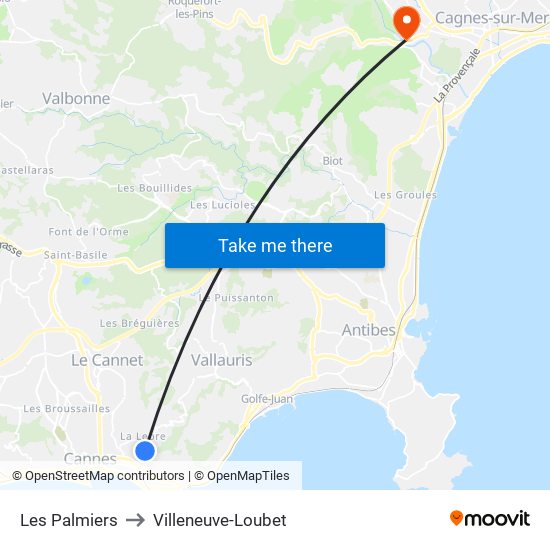 Les Palmiers to Villeneuve-Loubet map