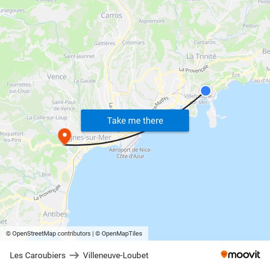 Les Caroubiers to Villeneuve-Loubet map