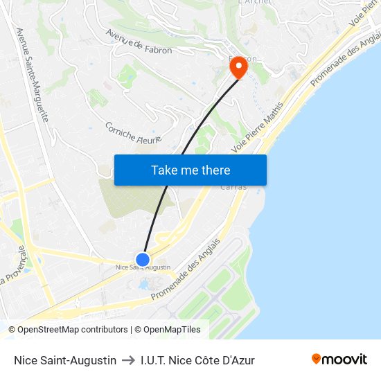 Nice Saint-Augustin to I.U.T. Nice Côte D'Azur map