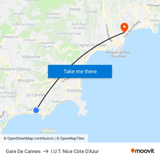 Gare De Cannes to I.U.T. Nice Côte D'Azur map