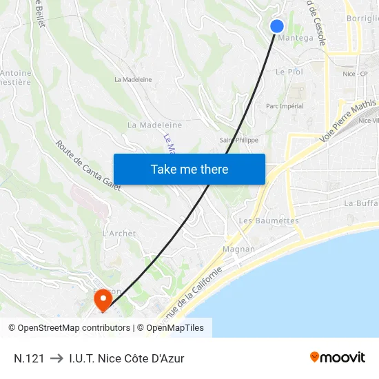 N.121 to I.U.T. Nice Côte D'Azur map