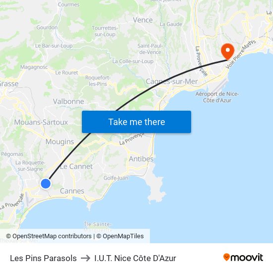 Les Pins Parasols to I.U.T. Nice Côte D'Azur map