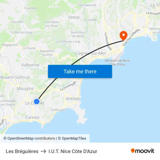 Les Bréguières to I.U.T. Nice Côte D'Azur map