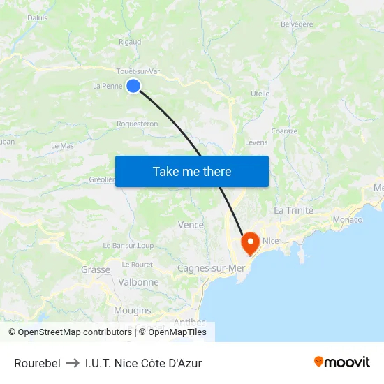 Rourebel to I.U.T. Nice Côte D'Azur map