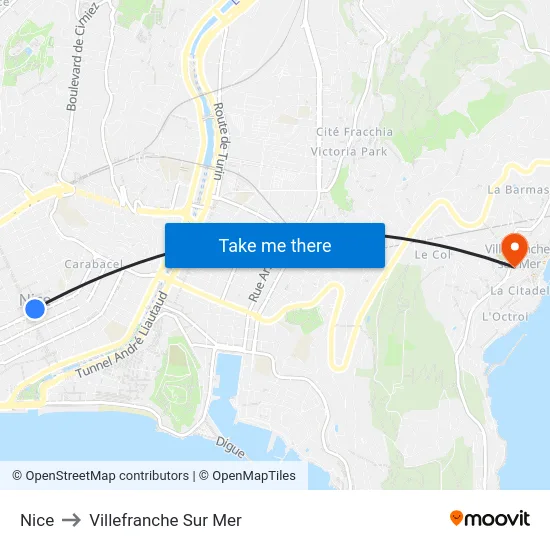 Nice to Villefranche Sur Mer map